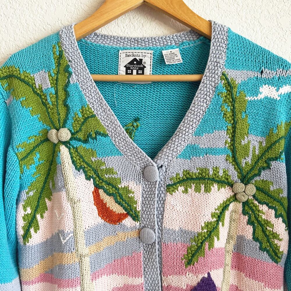VTG Storybook Knits Cardigan Small Novelty Beach Tropical Coastal 3D Crochet - Picture 2 of 11